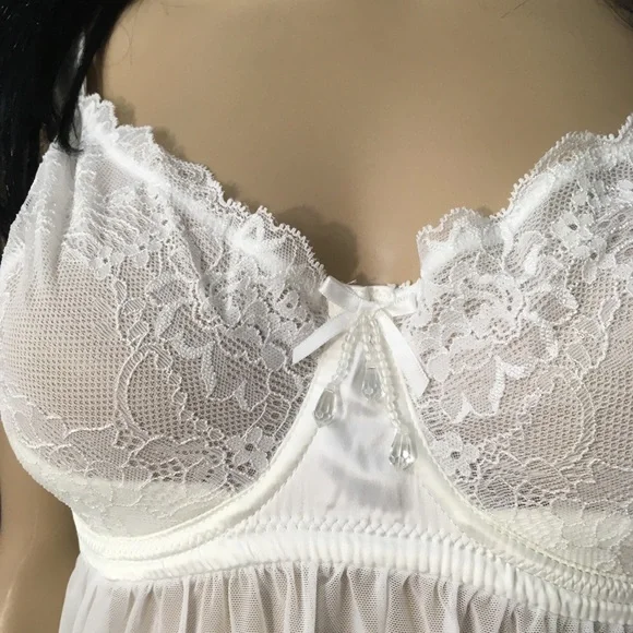 NEW WOMEN'S NIGHTY LINGERIE SIZE 32G 4D BOW DANGLE ACCENT FRILLY IVORY WHITE - Picture 7 of 8
